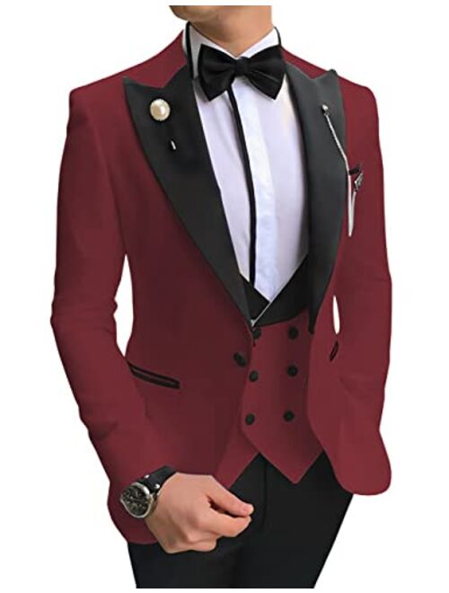 Wangyue Mens Tuxedo Suits Slim Fit Shawl Lapel 3 Piece Balzer Vest Pants for Formal Wedding Prom