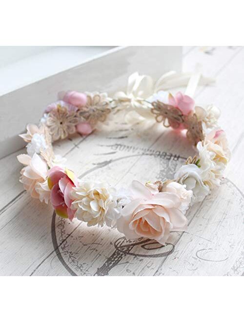 Rose Flower Crown Boho Flower Headband Hair Wreath Floral Headpiece Halo with Ribbon Wedding Party Festival Photos Red by Vivivalue