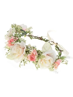 Eralove Bridal Flower Crown Hair Wreath Leave Flower Headdress Women Floral Garland Headpiece Wedding Festival Party (Beige)