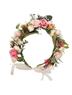 Eralove Bridal Flower Crown Hair Wreath Leave Flower Headdress Women Floral Garland Headpiece Wedding Festival Party (Beige)