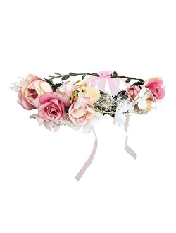 AWAYTR Bohemia Flower Crown Headband - Exquisite Pinecone Leaf Berry Flower Headband Flower Halo Wreath women (Light khaki+Light pink)