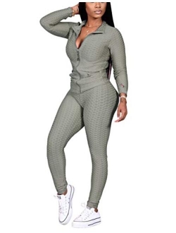 Kansoon Jogging Suits for Women, Textured 2 Piece Outfit Long Sleeve Full Zip Jacket Skinny Pants Tracksuit Set