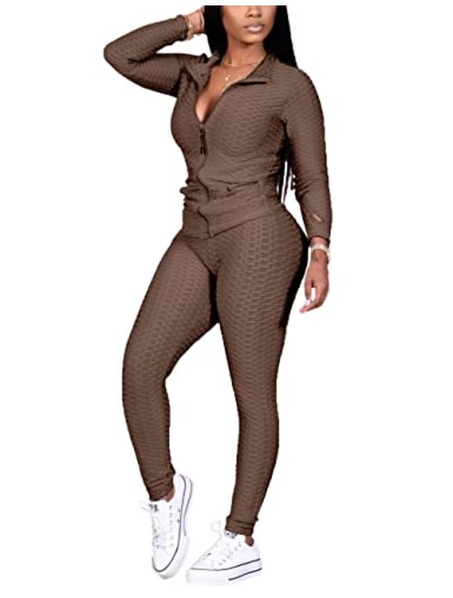 Kansoon Jogging Suits for Women, Textured 2 Piece Outfit Long Sleeve Full Zip Jacket Skinny Pants Tracksuit Set