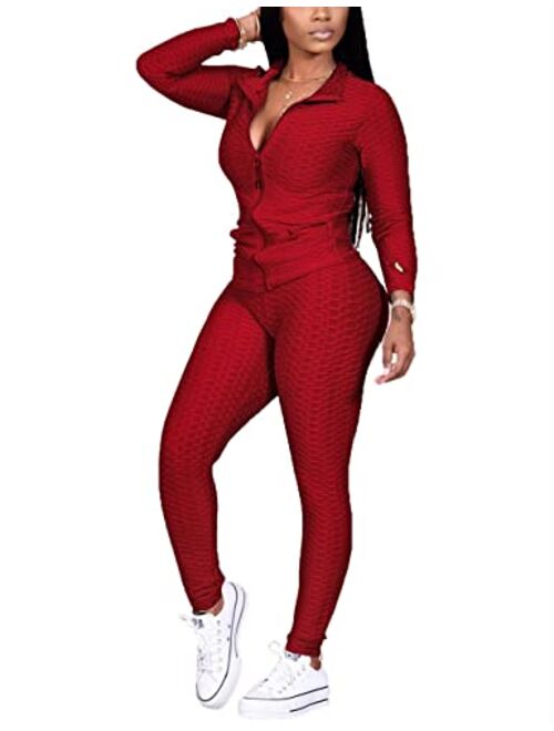 Kansoon Jogging Suits for Women, Textured 2 Piece Outfit Long Sleeve Full Zip Jacket Skinny Pants Tracksuit Set