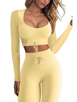 Workout Sets for Women 2 Piece Seamless Long Sleeve Crop Tops Ribbed High Waist Leggings