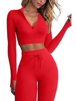 Workout Sets for Women 2 Piece Seamless Long Sleeve Crop Tops Ribbed High Waist Leggings