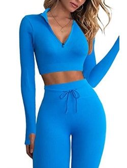 Workout Sets for Women 2 Piece Seamless Long Sleeve Crop Tops Ribbed High Waist Leggings