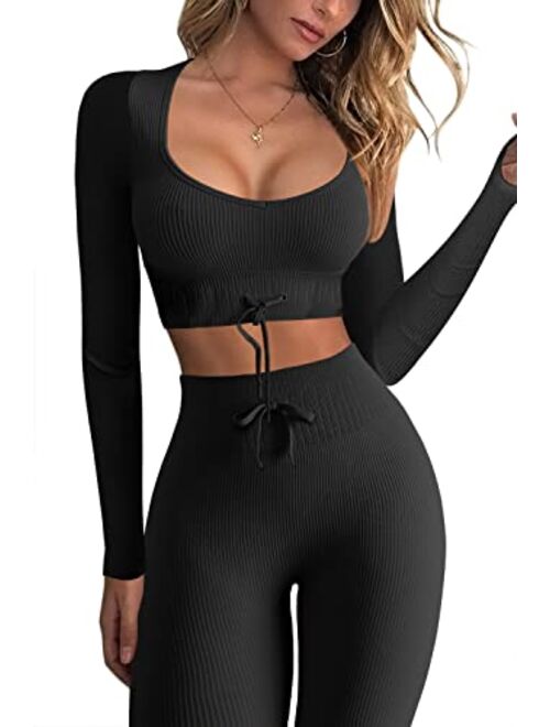 QINSEN Workout Sets for Women 2 Piece Seamless Long Sleeve Crop Tops Ribbed High Waist Leggings