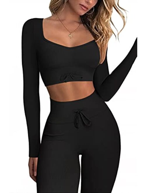 QINSEN Workout Sets for Women 2 Piece Seamless Long Sleeve Crop Tops Ribbed High Waist Leggings