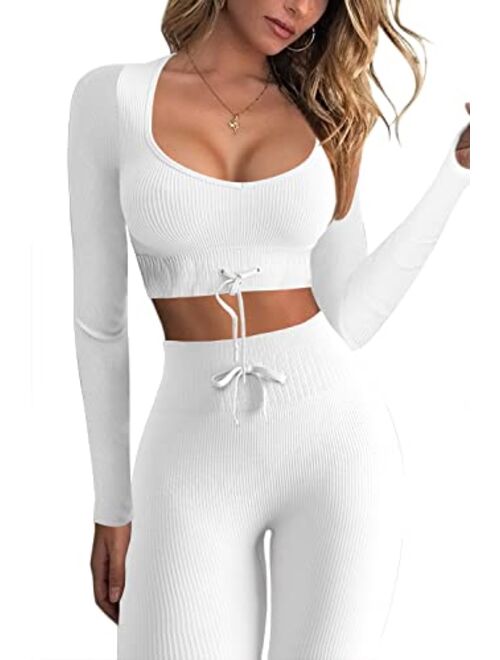 QINSEN Workout Sets for Women 2 Piece Seamless Long Sleeve Crop Tops Ribbed High Waist Leggings