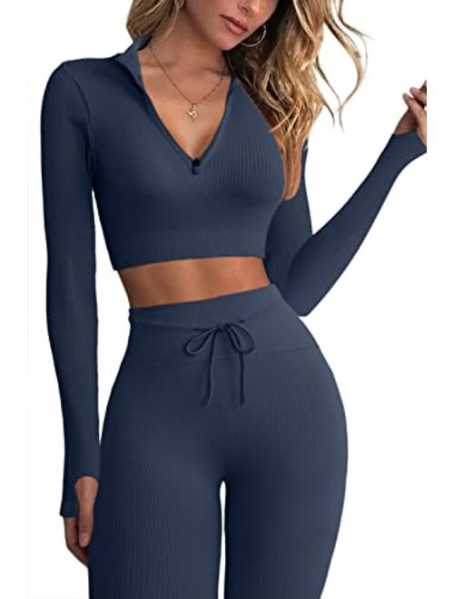 QINSEN Workout Sets for Women 2 Piece Seamless Long Sleeve Crop Tops Ribbed High Waist Leggings