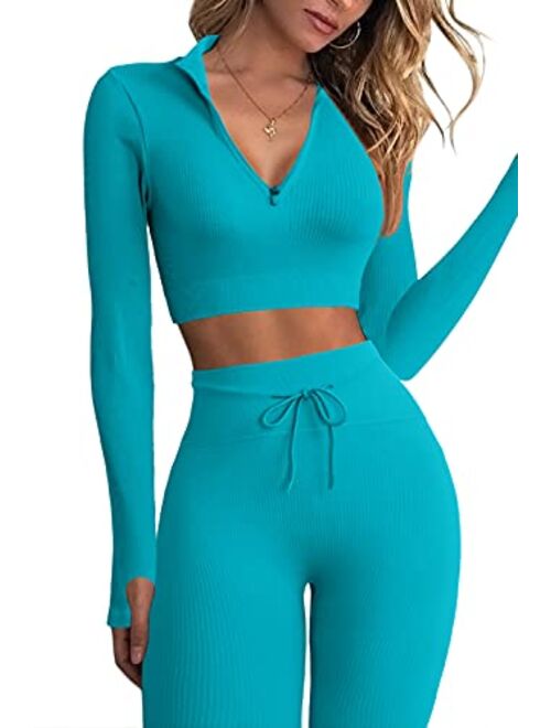 QINSEN Workout Sets for Women 2 Piece Seamless Long Sleeve Crop Tops Ribbed High Waist Leggings