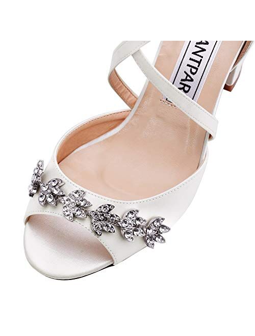 ElegantPark Women Peep Toe Block High Heel Sandals Strappy Rhinestones Satin Bridal Wedding Evening Prom Dress Shoes