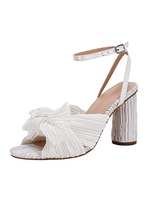 Vetaste Women's Bow Knot Heeled Sandals Bridal Wedding Open Toe Ankle Strap Chunky Heels