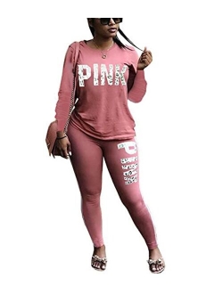 THLAI 2 Piece Outfits for Women Letter Print Stripe Patchwork Long Tracksuits