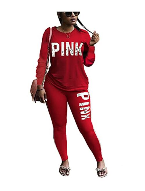 THLAI 2 Piece Outfits for Women Letter Print Stripe Patchwork Long Tracksuits