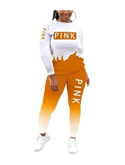 THLAI Women Letter Print 2 Piece Outfits Short Sleeve Tshirt Top and Long Gradient Pants Tracksuits Jogging Sets S-3XL