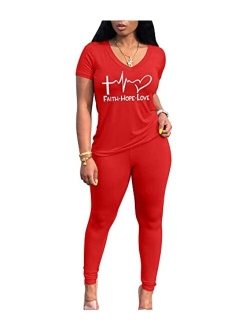 THLAI Women Letter Print 2 Piece Outfits Short Sleeve Tshirt Top and Long Gradient Pants Tracksuits Jogging Sets S-3XL