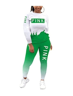 THLAI Women Letter Print 2 Piece Outfits Short Sleeve Tshirt Top and Long Gradient Pants Tracksuits Jogging Sets S-3XL