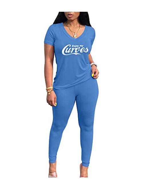 THLAI Women Letter Print 2 Piece Outfits Short Sleeve Tshirt Top and Long Gradient Pants Tracksuits Jogging Sets S-3XL