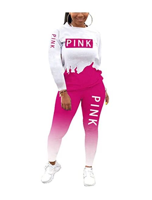 THLAI Women Letter Print 2 Piece Outfits Short Sleeve Tshirt Top and Long Gradient Pants Tracksuits Jogging Sets S-3XL