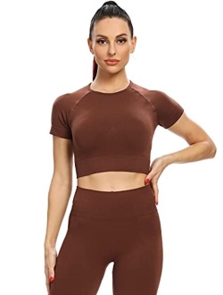 Jollmono 2 Piece Short Sleeve Outfits for Women Seamless Crop Tops Set for Women Workout Set