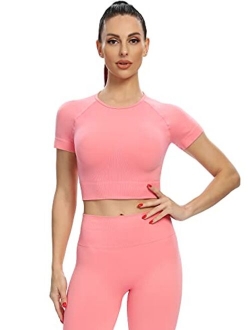 Jollmono 2 Piece Short Sleeve Outfits for Women Seamless Crop Tops Set for Women Workout Set