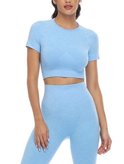 Jollmono 2 Piece Short Sleeve Outfits for Women Seamless Crop Tops Set for Women Workout Set