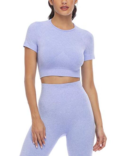 Jollmono 2 Piece Short Sleeve Outfits for Women Seamless Crop Tops Set for Women Workout Set