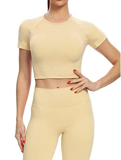 Jollmono 2 Piece Short Sleeve Outfits for Women Seamless Crop Tops Set for Women Workout Set