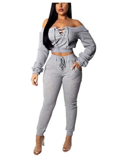 OLUOLIN Women Sexy Long Sleeve Two Pieces Outfits Tracksuit Lace Up Off Shoulder Casual Sweatsuit