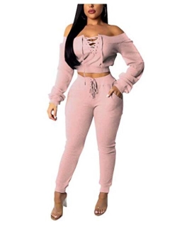 OLUOLIN Women Sexy Long Sleeve Two Pieces Outfits Tracksuit Lace Up Off Shoulder Casual Sweatsuit