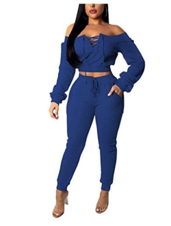 OLUOLIN Women Sexy Long Sleeve Two Pieces Outfits Tracksuit Lace Up Off Shoulder Casual Sweatsuit