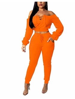 OLUOLIN Women Sexy Long Sleeve Two Pieces Outfits Tracksuit Lace Up Off Shoulder Casual Sweatsuit