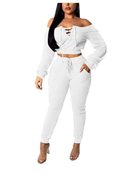 OLUOLIN Women Sexy Long Sleeve Two Pieces Outfits Tracksuit Lace Up Off Shoulder Casual Sweatsuit