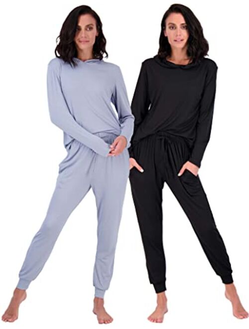 Real Essentials 4 Piece: Women’s Long Sleeve Pullover Hoodie Sweatshirt & Jogger Pants Set- Soft Athletic Workout Loungewear Casual Sweatsuit