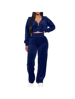 Iymoo Womens Sexy Velvet Sweatsuit Outfits - Hoodie Sweatshirt Crop Tops Straight Pants 2 Piece Set Tracksuit