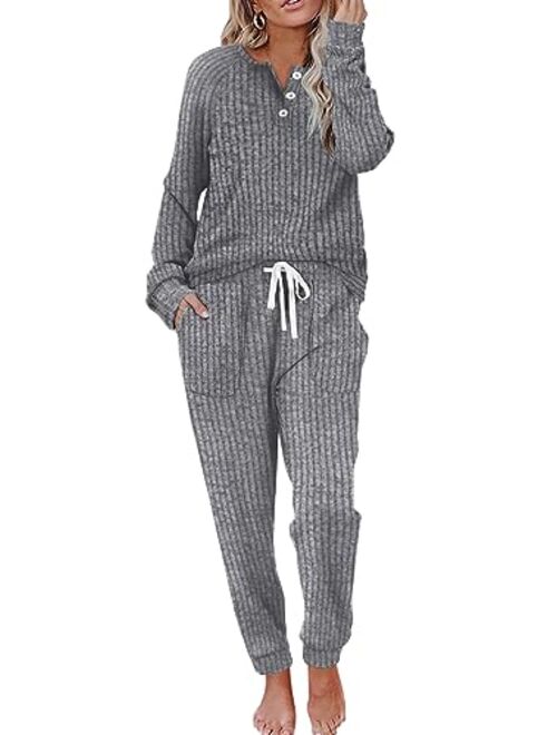 WIHOLL Two Piece Outfits for Women Lounge Sets Button Down Sweatshirt Sweatpants Sweatsuits Set with Pockets