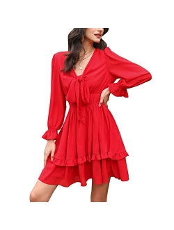 EXLURA Women Tie Front Elastic Waist Tiered Ruffle Layer Floral Balloon Long Sleeve V-Neck A-Line Mini Dress