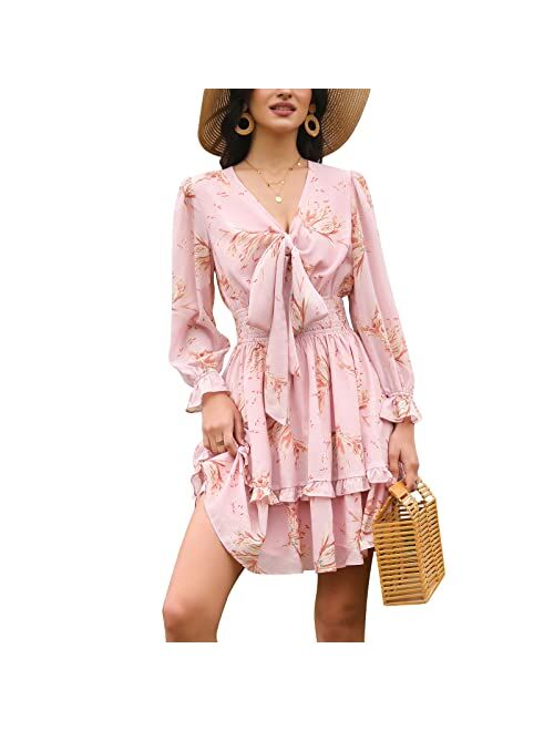 EXLURA Women Tie Front Elastic Waist Tiered Ruffle Layer Floral Balloon Long Sleeve V-Neck A-Line Mini Dress