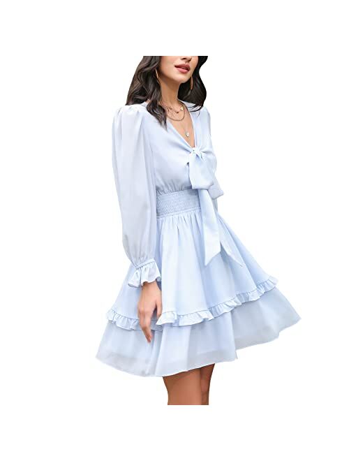 EXLURA Women Tie Front Elastic Waist Tiered Ruffle Layer Floral Balloon Long Sleeve V-Neck A-Line Mini Dress