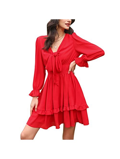 EXLURA Women Tie Front Elastic Waist Tiered Ruffle Layer Floral Balloon Long Sleeve V-Neck A-Line Mini Dress