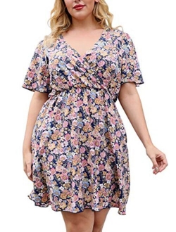 Nemidor Womens Casual V-Neck Plus Size Summer Boho Swing Wrap Dress with Pockets NEM266