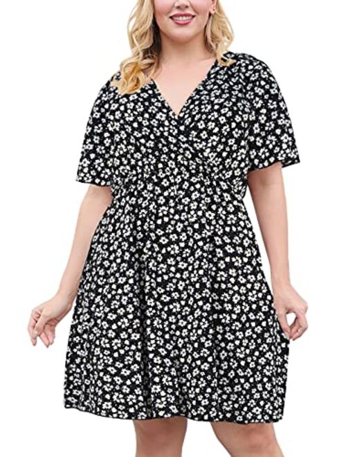 Nemidor Womens Casual V-Neck Plus Size Summer Boho Swing Wrap Dress with Pockets NEM266