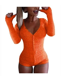 Joywish Women's Deep V Neck Butt Button Back Flap Pajama Onesie Shorts Long Sleeve Knitted One Piece Bodysuit Bodycon Rompers