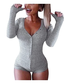 Joywish Women's Deep V Neck Butt Button Back Flap Pajama Onesie Shorts Long Sleeve Knitted One Piece Bodysuit Bodycon Rompers