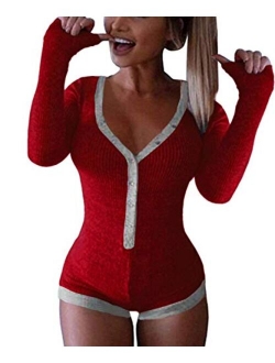 Joywish Women's Deep V Neck Butt Button Back Flap Pajama Onesie Shorts Long Sleeve Knitted One Piece Bodysuit Bodycon Rompers