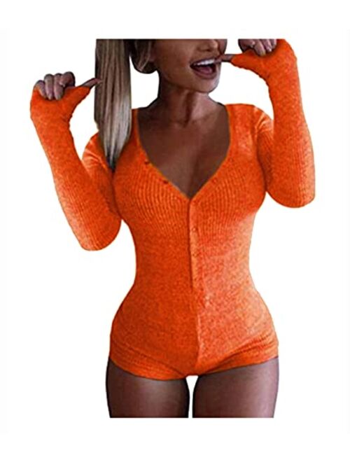 Joywish Women's Deep V Neck Butt Button Back Flap Pajama Onesie Shorts Long Sleeve Knitted One Piece Bodysuit Bodycon Rompers