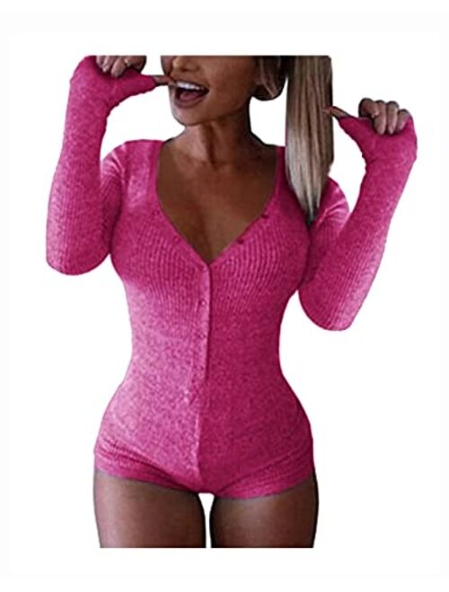 Joywish Women's Deep V Neck Butt Button Back Flap Pajama Onesie Shorts Long Sleeve Knitted One Piece Bodysuit Bodycon Rompers