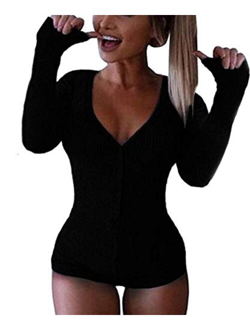 Joywish Women's Deep V Neck Butt Button Back Flap Pajama Onesie Shorts Long Sleeve Knitted One Piece Bodysuit Bodycon Rompers